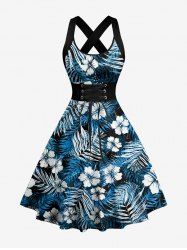Hibiscus Flower Tropical Leaf Print Lace Up Crisscross Hawaii Tank Dress -  