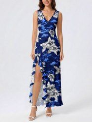 Robe portefeuille à fente à volants, imprimé hawaïen fleur d'hibiscus et cocotier - Bleu profond XS