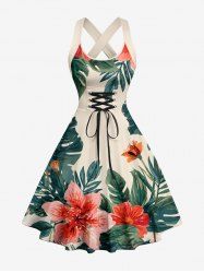 Robe trapèze hawaïenne à imprimé de feuilles et fleurs tropicales, avec laçage et bretelles croisées - Bronze XS