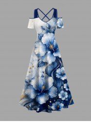 Robe maxi hawaïenne à épaules dénudées et liens croisés, imprimé fleurs aquarelle, paillettes scintillantes et effet 3D - Bleu profond XS