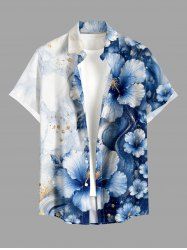 Chemise hawaïenne pour homme à fleurs aquarelle, sequins scintillants, impression 3D, boutons et poche - Bleu profond 6XL