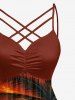 Robe hawaïenne à imprimé cocotier, soleil, voilier et paysage marin, à fronces et bretelles entrecroisées - Orange Foncé XS
