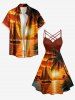 Robe hawaïenne à imprimé cocotier, soleil, voilier et paysage marin, à fronces et bretelles entrecroisées - Orange Foncé XS