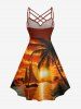 Robe hawaïenne à imprimé cocotier, soleil, paysage marin et voilier, à bretelles froncées en croisillons - Orange Foncé 4X