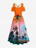 Robe maxi hawaïenne à épaules dénudées et liens croisés, imprimé cocotier dégradé ciel - Orange vif 4X