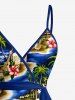 Seascape Coconut Tree Hibiscus Flowers Print Ruffles Tulip Hem Surplice Hawaii Beach Cover Dress With Belt -  