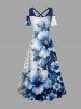 Robe maxi hawaïenne à épaules dénudées et liens croisés, imprimé fleurs aquarelle, paillettes scintillantes et effet 3D - Bleu profond XS