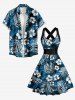 Hibiscus Flower Tropical Leaf Print Lace Up Crisscross Hawaii Tank Dress -  