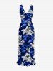Robe portefeuille à fente à volants, imprimé hawaïen fleur d'hibiscus et cocotier - Bleu profond XS