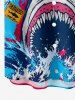 Chemise hawaïenne pour homme à boutons et poche, imprimé requin vagues de mer et lettres - Pers S