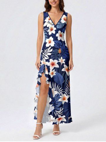 Tropical Leaf Hibiscus Flower Print Hawaii Ruffles Split Dress - DEEP BLUE - XS