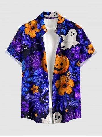 Halloween Pumpkin Ghost Tropical Leaf Flower Print Buttons Pocket Shirt For Men - CONCORD - M