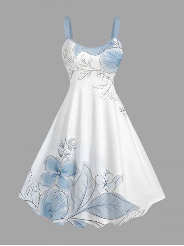Flower Leaf Print Hawaii A Line Dress - LIGHT BLUE - XXS