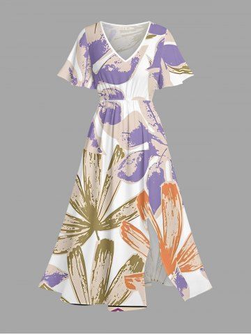 Tropical Leaf Print Hawaii Split Pocket A Line Midi Dress - LAVENDER PURPLE - XS