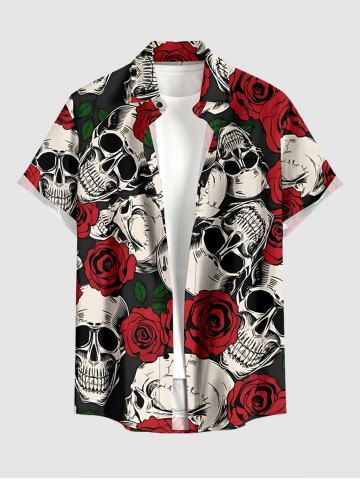 Skulls Rose Flower Print Buttons Pocket Hawaii Shirt For Men - RED - M