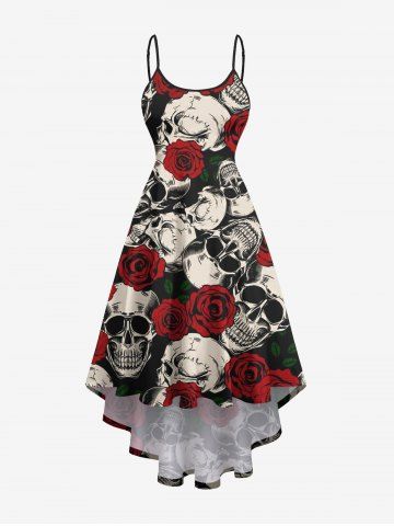 Robe camisole hawaïenne à imprimé crânes et fleurs, ourlet asymétrique - RED - L