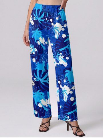 Pantalon hawaïen coupe droite à imprimé cocotier, feuilles tropicales et éclaboussures de peinture - BLUE - XXL