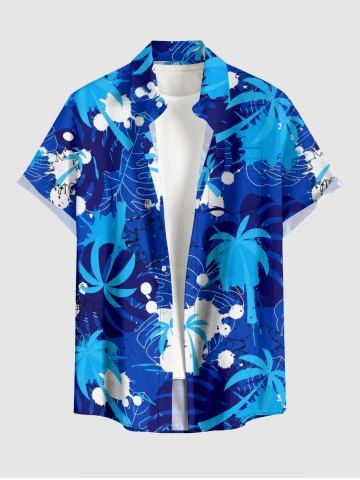 Chemise hawaïenne pour homme à imprimé cocotier, feuilles tropicales et éclaboussures de peinture, avec boutons et poche - BLUE - 4XL