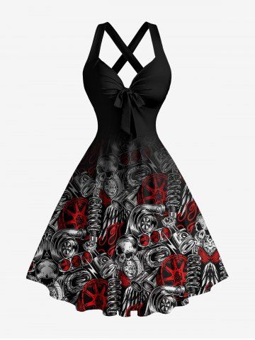 Robe débardeur à imprimé dégradé crânes d'Halloween et pièces mécaniques, bretelles croisées et nœud - BLACK - L
