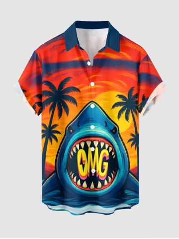 Coconut Tree Shark Sunset Print Hawaii Button Pocket Shirt For Men