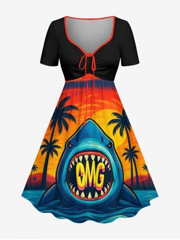 Robe Hawaï trapèze ceinturée imprimé requin et coucher de soleil sous les cocotiers - BURNT ORANGE - M