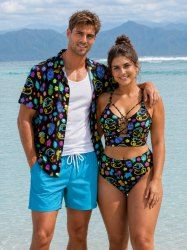 Tenue de plage hawaïenne assortie pour couples à imprimé néon de cocotier, canard, ananas, tortue et fleur - Noir 