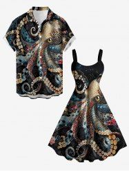 Tenue de plage hawaïenne assortie pour couple avec motif pieuvre - Noir 