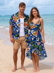 Seascape Coconut Tree Hibiscus Flowers Print Matching Hawaii Beach Outfit For Couples -  