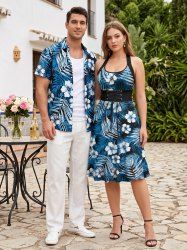 Hibiscus Flower Tropical Leaf Print Matching Hawaii Beach Outfit For Couples -  