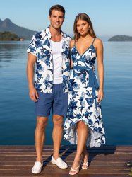 Leaf Flower Branch Print Matching Hawaii Beach Outfit For Couples -  