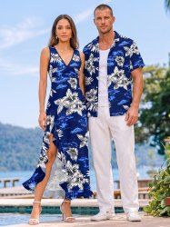 Hibiscus Flower Coconut Tree Print Matching Hawaii Beach Outfit For Couples -  