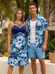 Tenue assortie de plage hawaïenne pour couples à imprimé ethnique de crânes, fleurs et feuilles tropicales - Bleu profond 