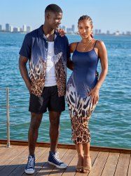 African Printed Matching Couple Outfit Leopard Ombre Hawaiian Set -  