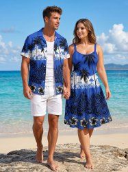 Coconut Tree Hibiscus Flower Tropical Leaf Print Matching Hawaii Beach Outfit For Couples -  