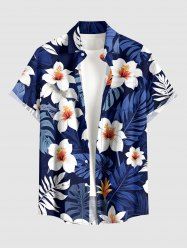 Chemise hawaïenne pour homme à imprimé feuilles tropicales et fleurs d'hibiscus, avec boutons et poches - Bleu profond L