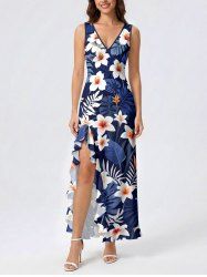 Robe fendue à volants hawaïenne à imprimé feuilles tropicales et fleurs d'hibiscus - Bleu profond XS
