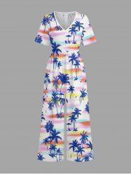 Combinaison hawaïenne à imprimé cocotier et ciel coloré, col en V, jambes larges - Violet clair XS