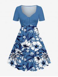 Robe hawaïenne cintrée à imprimé fleurs et feuilles - Bleu Ciel XS