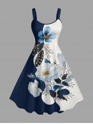 Robe trapèze hawaïenne à imprimé fleurs, feuilles et branches - Bleu profond XS