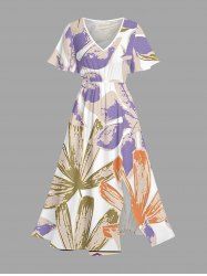 Robe midi trapèze à imprimé hawaïen de feuilles tropicales avec poches fendues - violet lavande XS