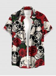 Chemise hawaïenne pour homme à imprimé crânes et roses, à boutons et à poche - Rouge S