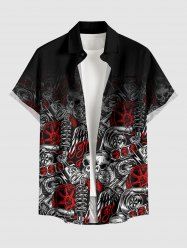 Chemise homme à boutons avec poche, imprimé dégradé à crânes d'Halloween et pièces mécaniques - Noir L