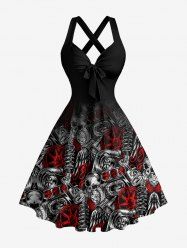 Robe débardeur à bretelles entrecroisées et nœud, imprimé ombré crânes d'Halloween et pièces de machine - Noir XS
