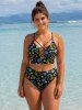 Tankini hawaïen à lacets avec imprimé néon cocotier, canard, ananas, tortue et fleurs (bretelles ajustables) - Noir 2X