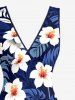 Robe fendue à volants hawaïenne à imprimé feuilles tropicales et fleurs d'hibiscus - Bleu profond XS