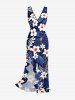 Robe fendue à volants hawaïenne à imprimé feuilles tropicales et fleurs d'hibiscus - Bleu profond XS