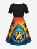 Robe trapèze ceinturée à imprimé Hawaï cocotier, requin et coucher de soleil - Orange Foncé 5X