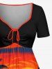 Robe trapèze ceinturée à imprimé Hawaï cocotier, requin et coucher de soleil - Orange Foncé 5X