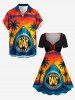 Robe trapèze ceinturée à imprimé Hawaï cocotier, requin et coucher de soleil - Orange Foncé 5X