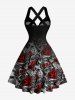Robe débardeur à bretelles entrecroisées et nœud, imprimé ombré crânes d'Halloween et pièces de machine - Noir XS